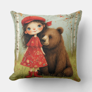 Coussin Fille adorable et ours dans une forêt fantaisiste
