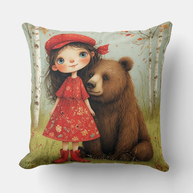 Coussin Fille adorable et ours dans une forêt fantaisiste (Recto)