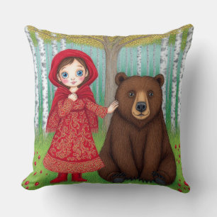 Coussin Fille adorable et ours dans une forêt fantaisiste
