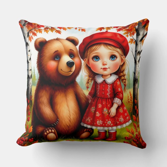 Coussin Fille adorable et ours dans une forêt fantaisiste (Recto)