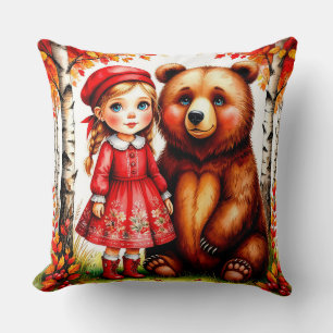 Coussin Fille adorable et ours dans une forêt fantaisiste