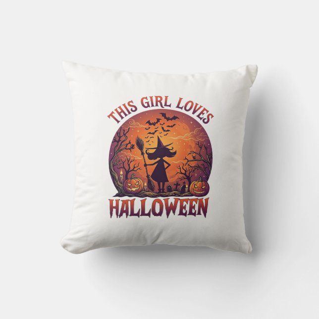 Coussin Fille aime Halloween Sorcière Citrouilles Chauves- (Recto)