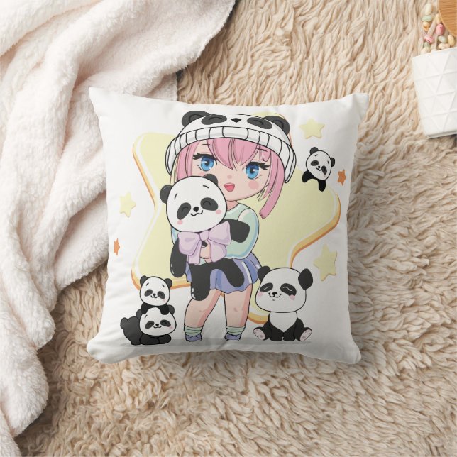 Coussin Fille Anime Adorable Entourée de Jouets Panda (Couverture)