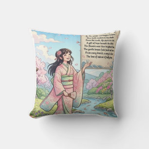 Coussin Fille Anime en Kimono avec Poésie à l'Arrivée du P