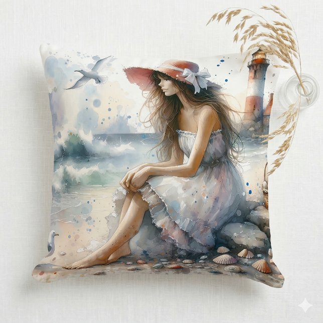 Coussin Fille aquarelle romantique près d'un phare (Romantic Watercolor Girl by Lighthouse Throw Pillow Mockup A)