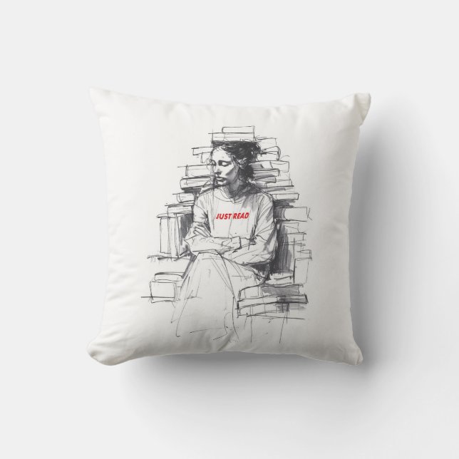 Coussin Fille assise sur le trône du livre - "Just Read" (Recto)