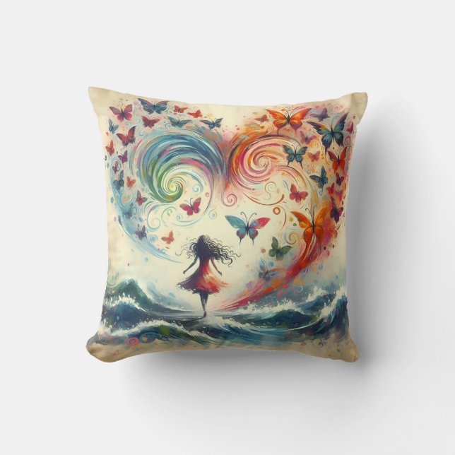 Coussin Fille au-dessus des vagues de l'océan avec des pap (Recto)
