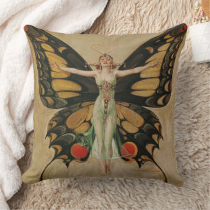 Coussin Fille au papillon de Leyendecker Art Déco vintage
