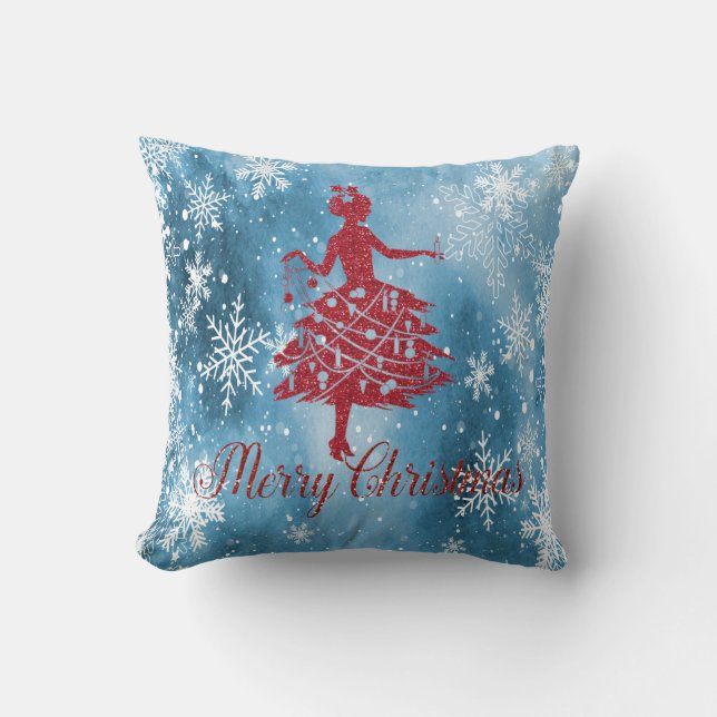 Coussin Fille au sapin de Noël pailleté rouge,flocons de n (Recto)