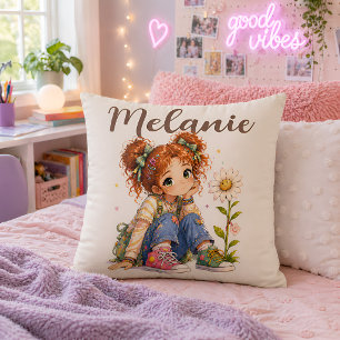 Coussin Fille aux Cheveux Rouges Personnalisée Nom