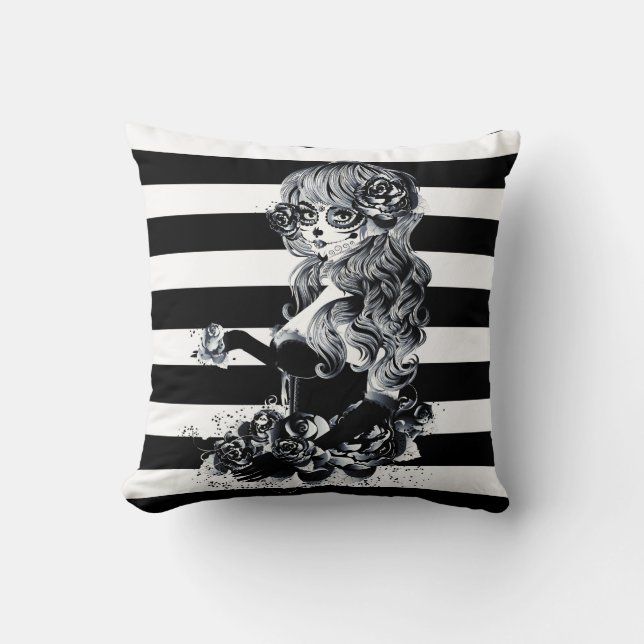 Coussin Fille aux crânes de sucre jolis rayés noir et blan (Recto)