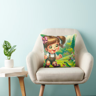 Coussin Fille aux grands yeux et grenouille verte