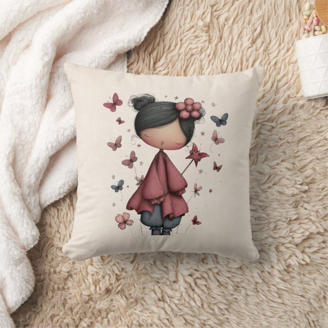Coussin Fille avec baguette magique et papillons (Couverture)