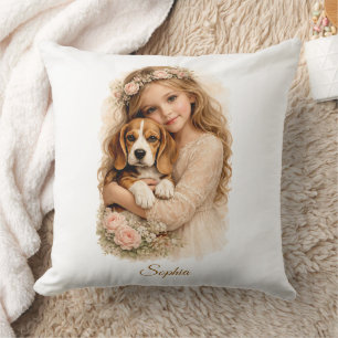 Coussin Fille avec chiot beagle