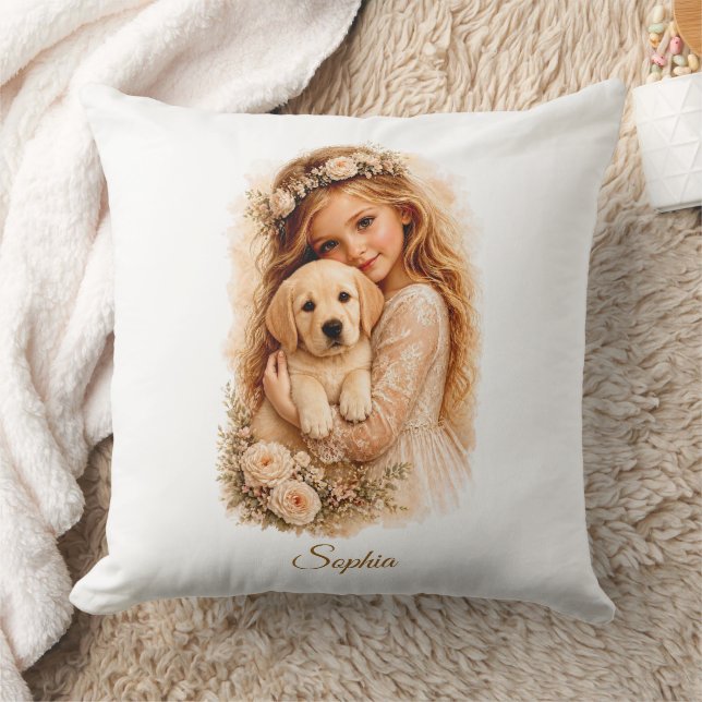 Coussin Fille avec chiot Labrador (Couverture)