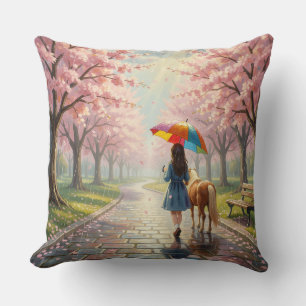 Coussin Fille avec parapluie et poney dans le parc jeté or