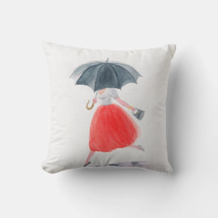 Coussin Fille avec parapluie sous la pluie. illustration d