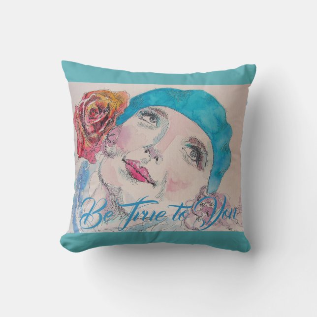 Coussin Fille avec Rose Rouge Beret Aquarelle Aqua Cushion (Recto)