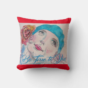 Coussin Fille avec Rose Rouge Beret Aquarelle Aqua Cushion
