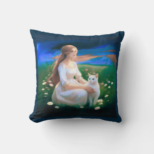 Coussin Fille avec un chat dans une prairie au crépuscule