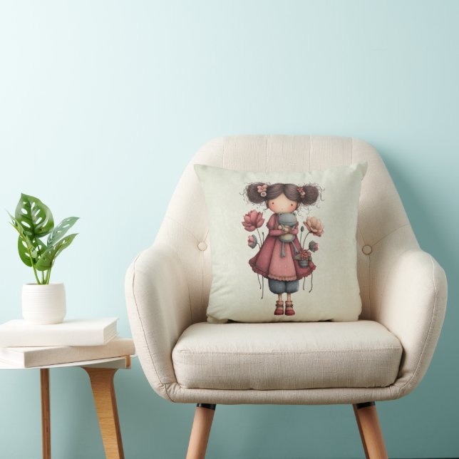 Coussin Fille avec une poupée grenouille mignonne fantaisi (Chaise)