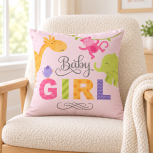 Coussin Fille Bébé Animaux de la Jungle Rose Décoration de