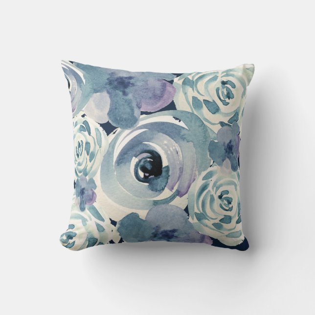 Coussin Fille Bleu violet Vert ivoire Aquarelle Florale (Recto)