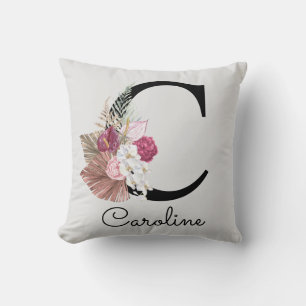 Coussin Fille Boho rose moderne Floral C initial