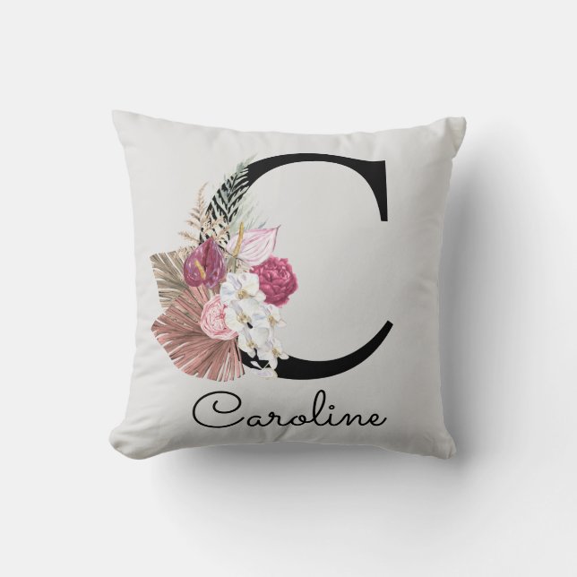 Coussin Fille Boho rose moderne Floral C initial (Recto)