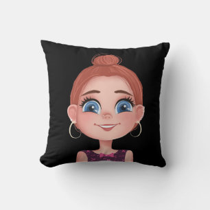 Coussin Fille caricaturale aux grands yeux sur le noir