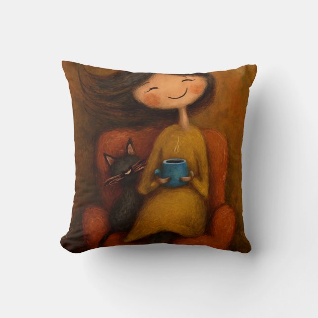 Coussin Fille Confortable Chat Noir Esthétique Fantaisiste (Recto)