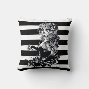 Coussin Fille Crâne Sucre Jolie Rayée Noir & Blanc