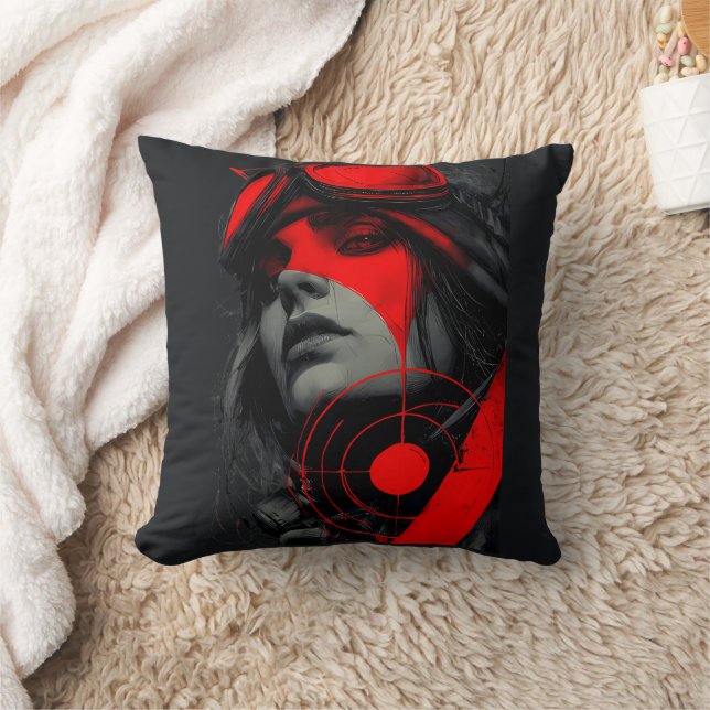 Coussin Fille Cyberpunk Dystopique Édgeuse Cible Rouge (Couverture)