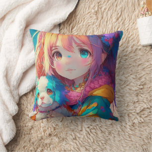 Coussin Fille d'anime avec chiot