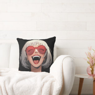 Coussin Fille d'anime joyeuse : Cheveux gris, Lunettes rou
