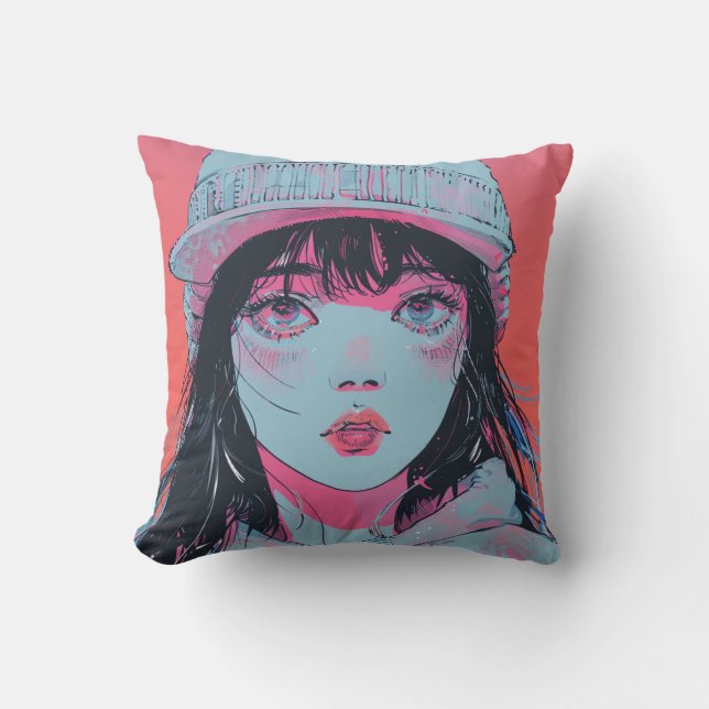 Coussin Fille d'anime pastel en bonnet d'art (Recto)