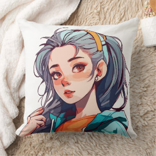 Coussin Fille d'anime romantique aux cheveux colorés