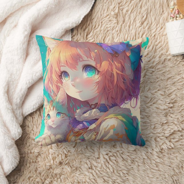 Coussin Fille d'anime tenant un adorable chaton (Couverture)