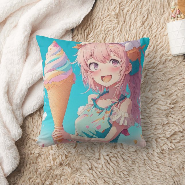 Coussin Fille d'Anime Whimsical avec cône de crème glacée (Couverture)