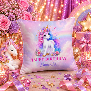 Coussin Fille d'anniversaire Licorne Colorée Magique Arc-e