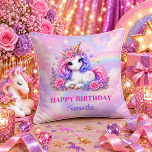 Coussin Fille d'anniversaire Licorne Colorée Magique Arc-e