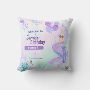 Coussin fille d'anniversaire thème sirène personnalisé vio