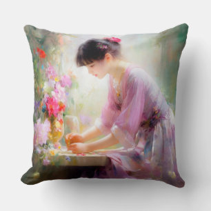 Coussin Fille dans un jardin fleuri
