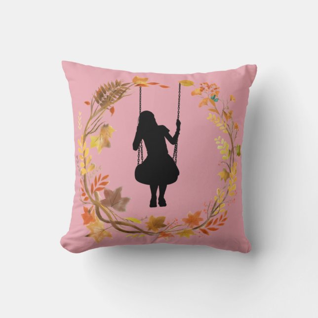 Coussin Fille d'automne sur graphique à balançoire _Feuill (Recto)
