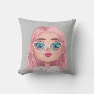 Coussin Fille de dessin avec cheveux roses