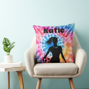Coussin Fille de football personnalisée Tie-Dye arc-en-cie