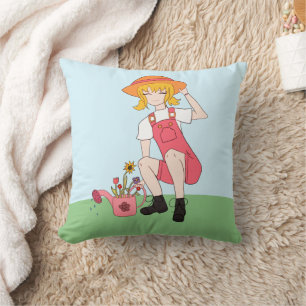 Coussin Fille de jardinage aux fleurs Cheveux Blonds