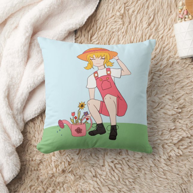 Coussin Fille de jardinage aux fleurs Cheveux Blonds (Couverture)
