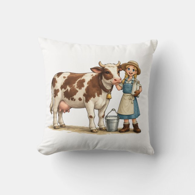 Coussin Fille de la ferme avec vache, jolie illustration d (Recto)