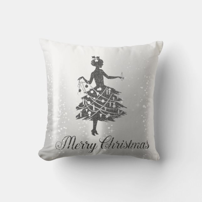 Coussin Fille de l'arbre de Noël argenté élégant et brilla (Recto)